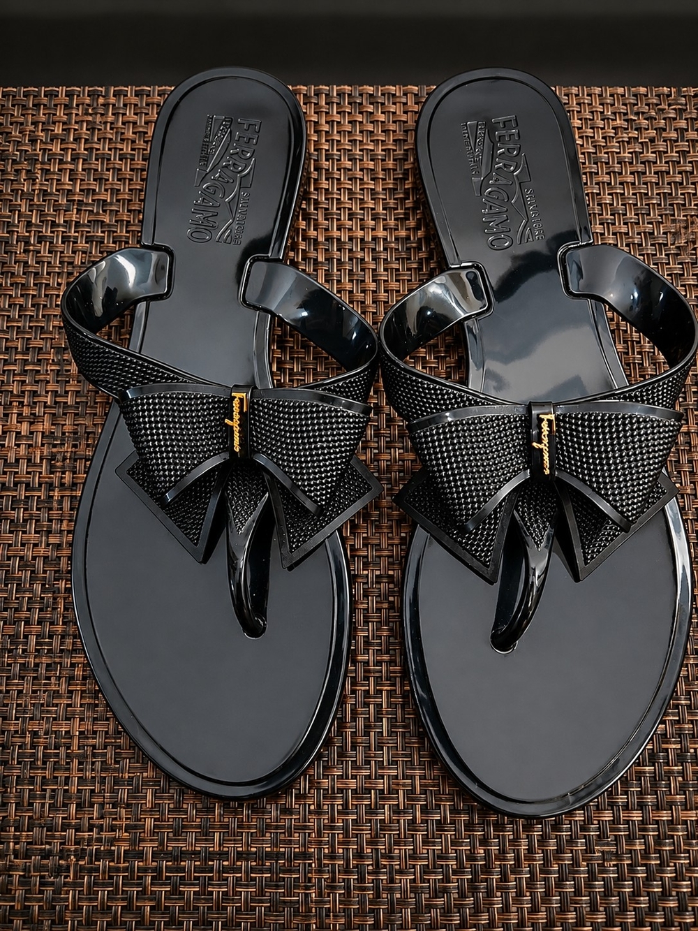 Salvatore Ferragamo Black Bow Thong Sandals